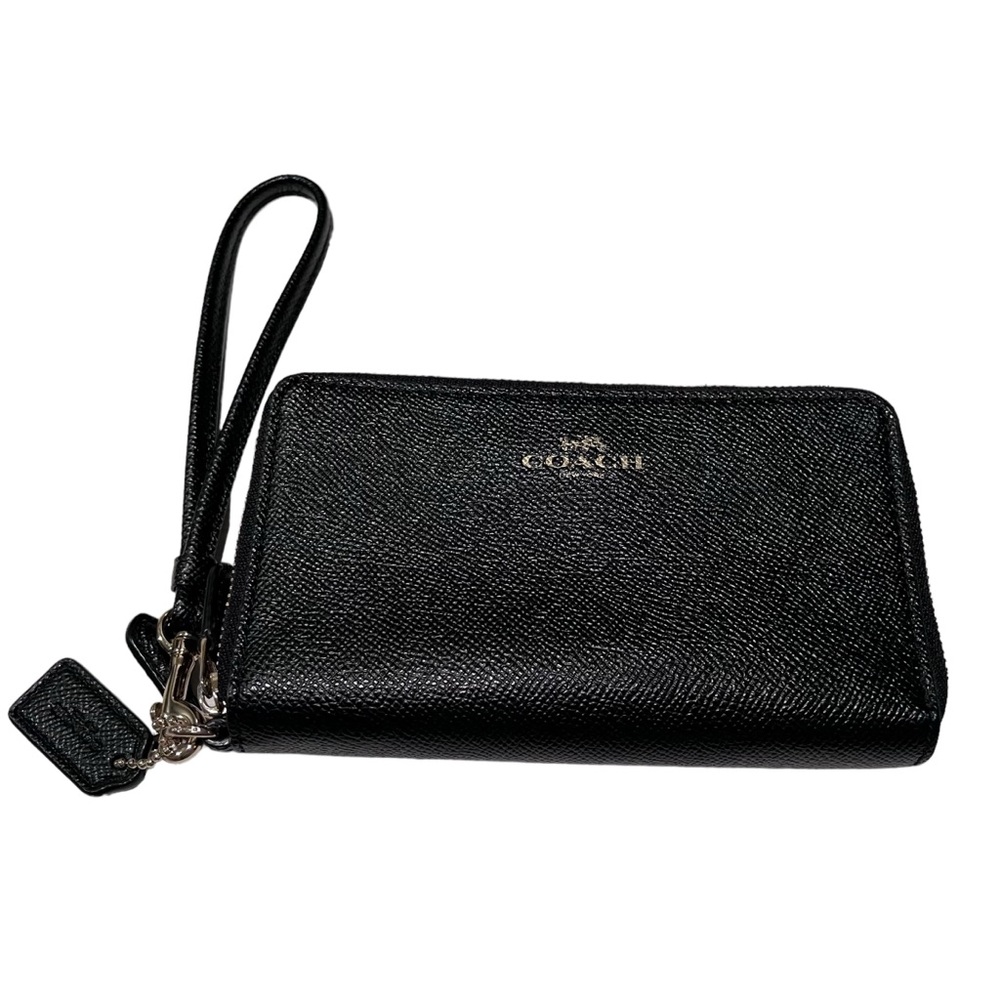 COACH Black Pebbled Leather Double Zipper Wristlet Wallet